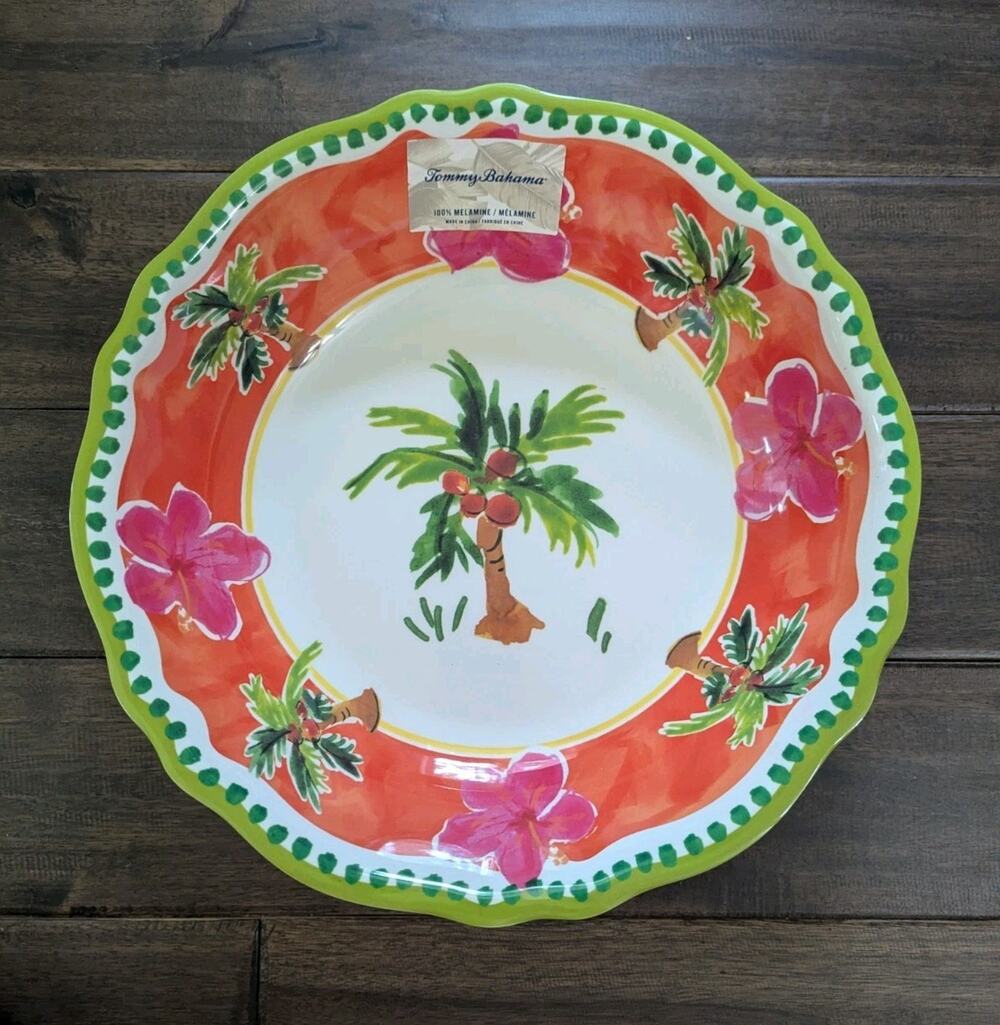 TOMMY BAHAMA 13.5” Pink Hibiscus Palm Tree Melamine Lrg Serving Chip Salad Bowl